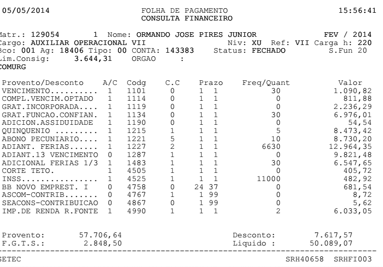 Contra-cheque de fevereiro, conforme explicado na nota