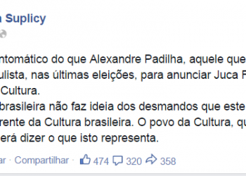 Marta Suplicy criticou a escolha de Juca Ferreira pelo Facebook