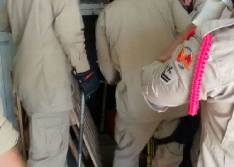 Momento do resgate em elevador (Foto: Divulgação/Corpo de Bombeiros)