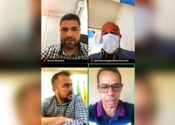 Videoconferência debate escalonamento em Aparecida e outras medidas; na foto, o diretor de Desenvolvimento da Faculdade Alfredo Nasser, professor Divino Gustavo; o secretário municipal de Esporte, Lazer e Juventude, Gerfeson Aragão; o prefeito Gustavo Mendanha (MDB); e o vereador Isaac Martins (PL) | Foto: Reprodução