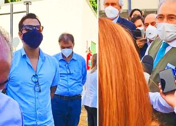 Manifestante critica presidente Bolsonaro durante encontro de Ronaldo Caiado com ministro Marcelo Queiroga em Goiânia | Foto: Folha Z