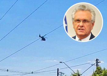 Governador Ronaldo Caiado chega a Aparecida de helicóptero | Foto: Folha Z