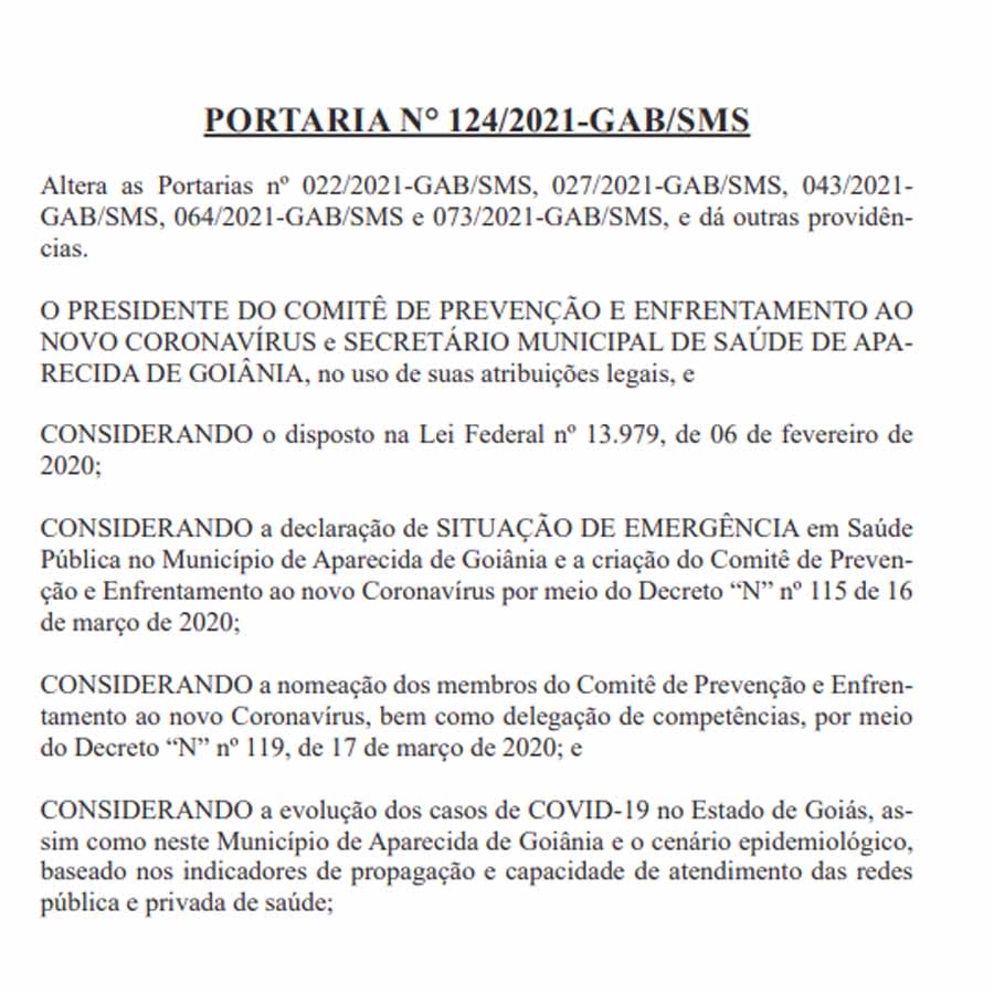 PORTARIA N° 124/2021-GAB/SMS