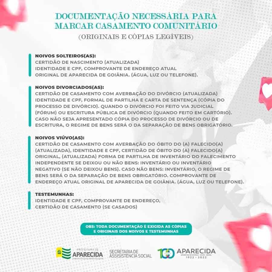 Documentos necessários para o casamento comunitário em Aparecida de Goiânia | Foto: Divulgação