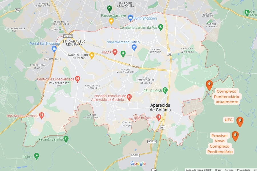 Localização provável do novo complexo penitenciário de Aparecida de Goiânia | Gráfico: Folha Z