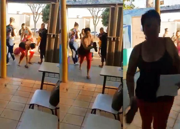 Mãe de um aluno do Centro Municipal de Educação Infantil (CMEI) Jardim Primavera flagrada agredindo a diretora da instituição com chineladas no rosto | Foto: Reprodução