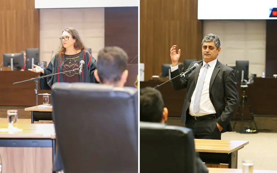 Promotora Renata Marinho e o advogado de defesa Ricardo Naves, no júri da morte de Valério Luiz | Foto: Reprodução / TJGO