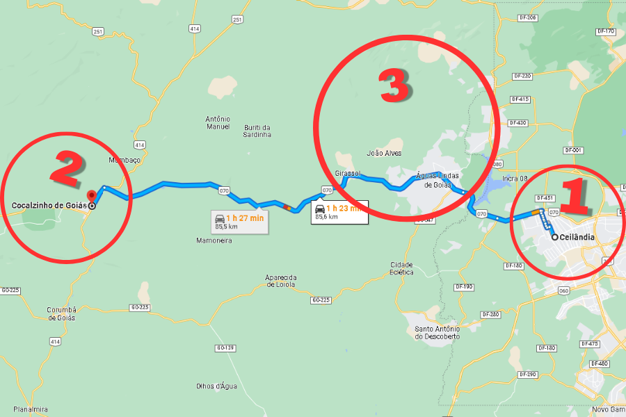 1: Ceilândia, onde os crimes de Lázaro começaram. 2: Cocalzinho, onde Lázaro fugia e também cometeu crimes. 3: Área da mata em Águas Lindas onde ficou por dias | Foto: Google Maps